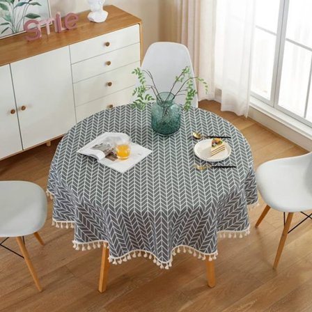 120 cm Tassel Tablecloth, Round Polyester Cotton Table Cloth for Dining Table Coffee Table Garden Table (Gray Arrow Pattern)