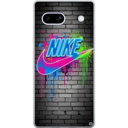 Yhteensopiva Läpinäkyvä kuori Google Pixel 7a Neonvärikkäänkatutaiteen logo pirteää graffitiä sinisellä, vaaleanpunaisella ja vihreällä su