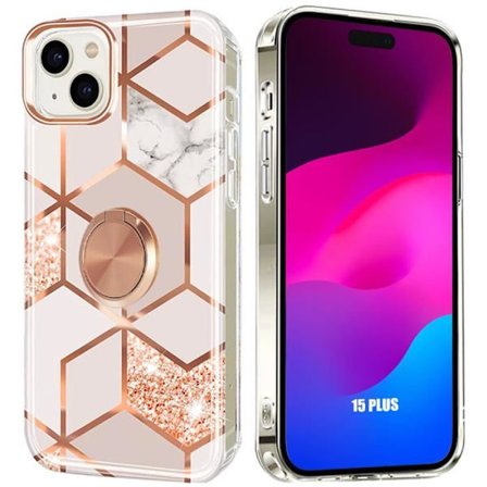 Skyddsfodral - Silikon - för iPhone 15 Plus - Rosa - Stötabsorberande - 360° roterande finger ring