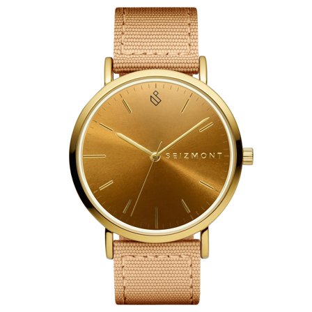 Moment | Gold-Tone Minimalist Dress Analog Quartz Movement Watch With Champagne Dial & Sand-Coloured Nylon Strap for Men - Wrist watches