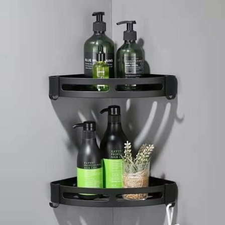 ChristmasDrilling Duschhylla, Svart Hörn Duschhylla, Duschförvaring med 4 Krokar, Aluminium Rostfri ChristmasDrilling Badrumshylla (2-pack