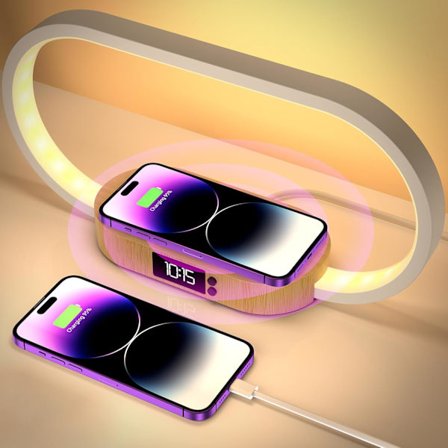 Sengelampe med trådløs opladning, LED-touchbordlampe USB-natlampe, bambusskrivebordslampe til soveværelse