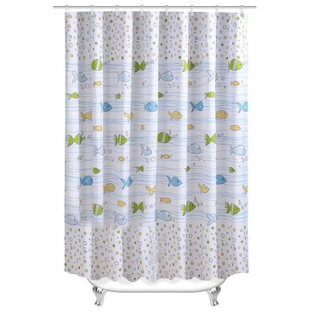 200x200cm bruseforhæng med boblefiskemønster, vægtet kant, meldugbestandig, vandtæt, vaskbart polyestermateriale.