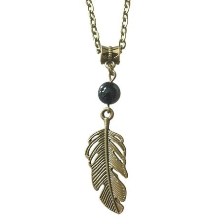 Necklace - Feather - Onyx - Bronze - Long Chain