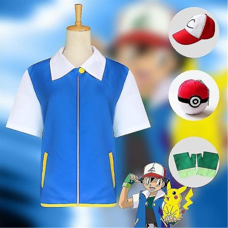 Anime Cosplay Ash Ketchum Cosplay Costume Blue Jacket Hat Gloves Poke Ball Set -a