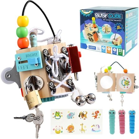 Opptatt kube for barn, 15-i-1 sensorisk opptavle, reiseleke, håndlagde Montessori pedagogiske læringsleker, treklosser for småbarn 3+