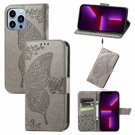 Etui til iPhone 13 Pro grått preget sommerfugl flip-skinn beskytter kortspor og forhindrer fall