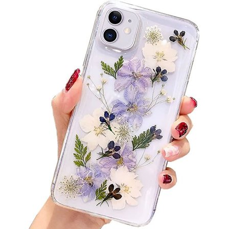 Design til iPhone 12 Cover Blomst, Klar Glitter Presset Ægte Blomster Blød Slank Beskyttende Gummi Blomster Sød Cover til Kvinder Piger (Navy Blomst)