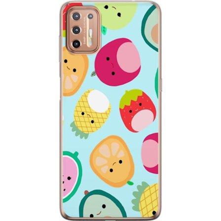 Kompatibel Mobilcover til Motorola Moto G9 Plus Mønster af kawaii frugter som jordbær citron ananas og avocado på lyseblå baggrund