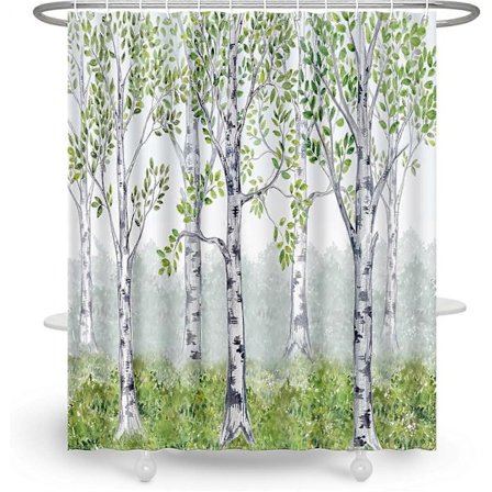 Duschdraperi med björkar, grön natur, badrumsdekor, skogsdraperi med krokar, badrumsdraperi 183x183 cm