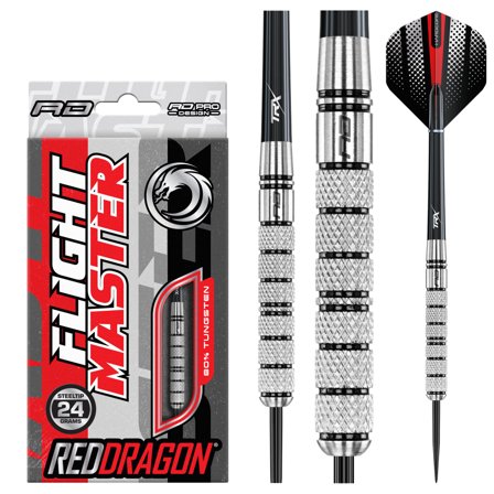 Red Dragon Darts Flightmasters Crusader 24g Steel Tip Darts - Professional Tungsten Darts, Silver/Black/Red