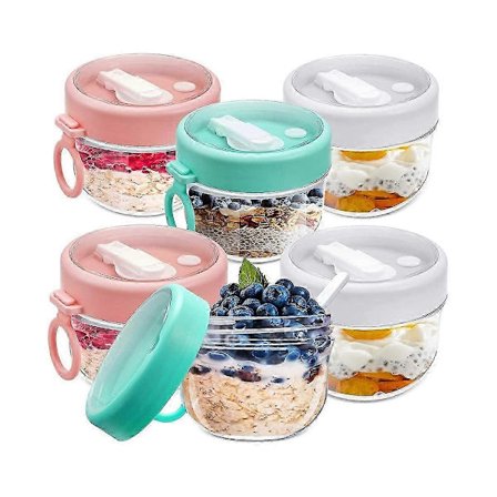 Overnight Oats Beholdere med Lokk og Skjeer, 590 ml Yoghurtbegre Lekkasjesikre Havregrøtbegre Havregrøtsalatbegre, 6 stk js