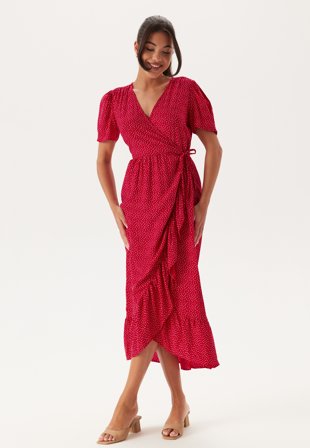 Happy Holly - Evie Puff Sleeve Midi Wrap Dress - Red/Dotted - Kläder - - Bubbleroom Omlottklänning