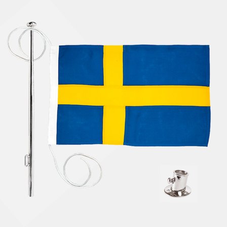 Vlaggenset met bootvlag Adela Royal, Zweden, katoenachtige polyester (230 g / m²), 120 x 75 cm + vlaggenstok Ø25 mm, 120 cm in roestvrij staal + 
