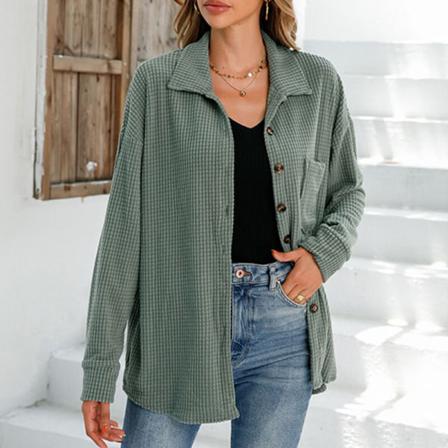 Kvinnor Button Down Lapel Neck Toppar Långärmad Waffle Tunic Shirt