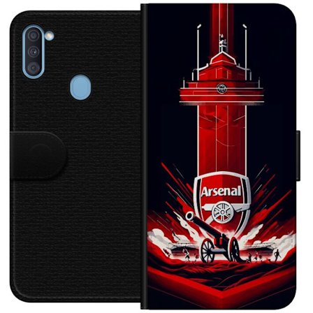Yhteensopiva Lompakkokotelo Samsung Galaxy A11 Arsenal-embleemi, jossa tykki ja stadionmotiivi voimakkaassa punaisessa ja valkoisessa urheilusuunnitte