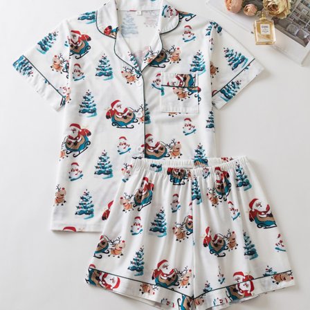 Nya kortärmade shorts avslappnad kofta rutiga dam pyjamas hemkläder