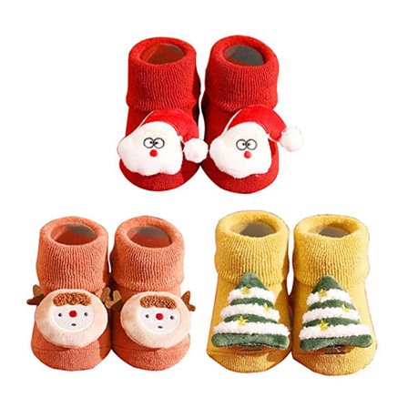 3 Par Baby Julstrumpor Baby Halkskyddstrumpor Cartoon Tjockna Golvstrumpor för Baby Pojkar Flickor Mjuka Gosiga Roliga Strumpor