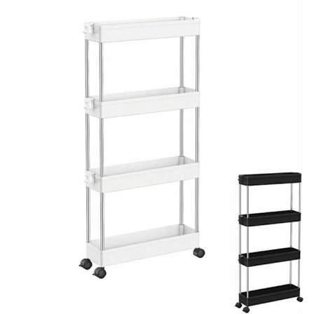Vogn, smal oppbevaringsvogn på hjul 4 hyller Hvit, A