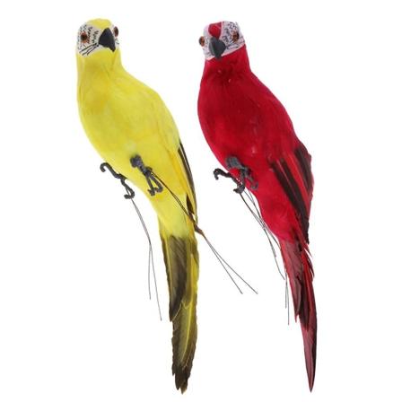 2x Realistiske Papegøye Kunstig Fjær Fugl Ornament Dyredekor Rød+Gul