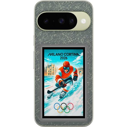 Yhteensopiva Puhelinkuori Google Pixel 10 Curlingkuvitus pelaajilla ja kivillä jäällä, Milano Cortina 2026, lumisia roiskeita ja olympiasormukset