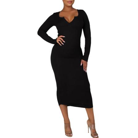 Sexig V-ringad Långärmad Dam, Solid Patchwork Bodycon Midi D