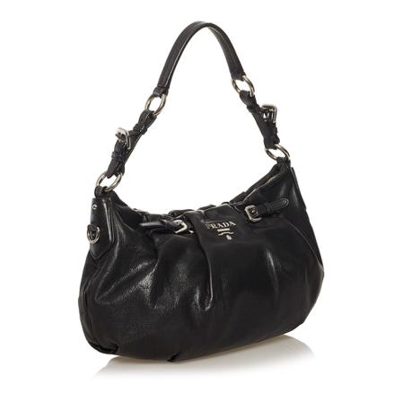 Prada Vintage Pre-owned Buckle Pleated Soft Calf Shoulder Taske Leather Sort, Dame Vintage Tasker, Størrelse: ONE Size