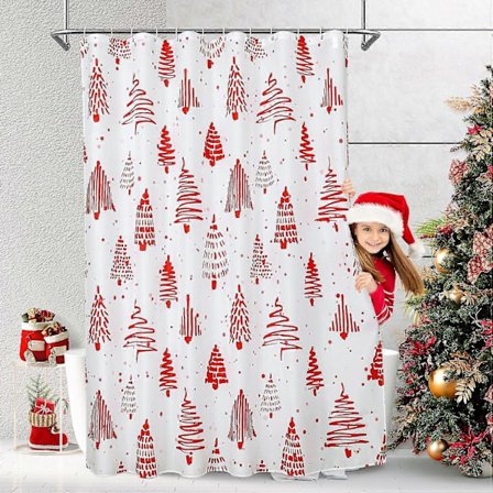 Jul Duschdraperi Set, Julgran Duschdraperi, Jul Tall Röd och Vit Standard Duschdraperi, 1.8*1.8m