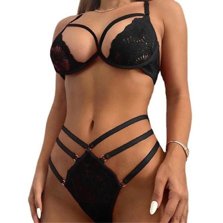 Kvinnor Blommor Spets Strappy BH Thong G-String Set Underkläder Black S