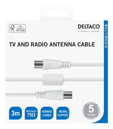 Deltaco Antenna cable, 75 Ohm nickel-plated connectors, 3m, white