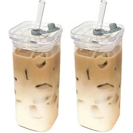 Glas Vandflasker Sæt med 2 - 400ml Firkantede Varmebestandige Kopper med Låg u0026 Sugerør - Klar Hvid - Kompatibel med Mælke Te Kaffe Juice