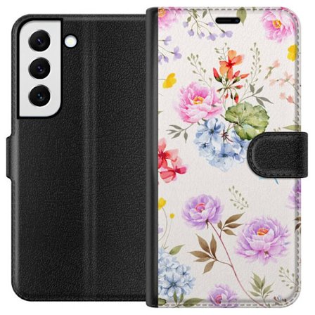 Kompatibelt Lommeboketui til Samsung Galaxy S22+ 5G Blomstrete mønster med håndmalte blomster, sommerfugler og insekter i romantisk skandinavisk stil