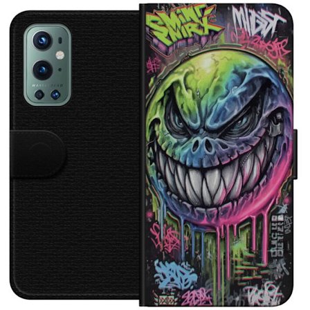 Yhteensopiva Lompakkokotelo OnePlus 9 Pro Värikäs graffitipiirros pahansuipasti hymyilevästä hirviökasvoista, jossa valuvat neonvärit