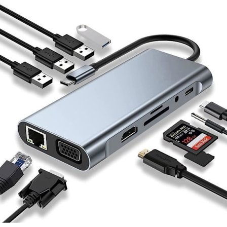 USB C Docking Station, 11-i-1 USB C Hub med 4K HDMI, VGA, USB 3.0, Type C, PD-port, RJ45 Ethernet, SD/TF-kortlæser, 3,5 mm AUX