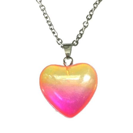 Necklace - Heart - Pink/Yellow - Glass - Stainless