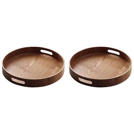 2x Rundt Serveringsbakke Bambus Træbakke Til Middagsbakker Te Bar Morgenmad Madbeholder Håndtag Opbevaring