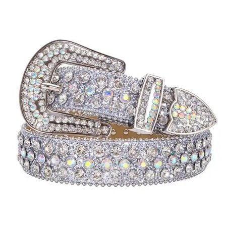 Cowgirl bling nitteremme i læder til jeansbukser med rhinsten og vestligt sølvspænde, unisex, 95 cm