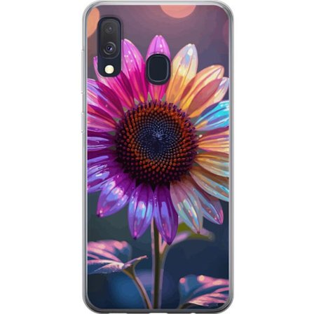 Kompatibelt Mobildeksel til Samsung Galaxy A40 Irideserende blomst med glitrende kronblad i rosa lilla og gull mot myk bokeh bakgrunn