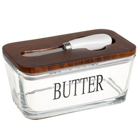 Stor Smörask i Glas med Lock, Klar Smörförvaring i Glas med Spatel, Livsmedelsgodkänd, Tål Diskmaskin, Perfekt för Kylskåpsförvaring och Konservering