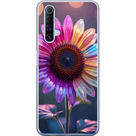 Kompatibelt Mobildeksel til Realme X50 5G Irideserende blomst med glitrende kronblad i rosa lilla og gull mot myk bokeh bakgrunn