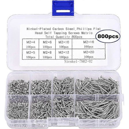 800st Små M2 Självgängande Skruvar Sortimentskit Försänkta Phillips Platt Huvud Träskruvar (M2-4mm 5mm 6mm 8mm 10mm 12mm 16mm 20mm)