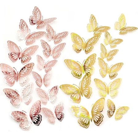 Perhonen Tarrat Seinätarrat Seinäkoriste, 24Kpl 3 Kokoa Pinkki Kulta Seinäkoristeet Perhoset 3D Tarrat Glitter