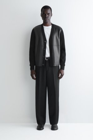 COS Men's Cardigan In Lana Con Pannelli In Pelle in Nero