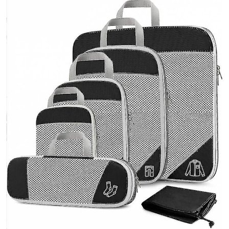 Komprimerede pakkekuber til rejser, 6 stk. udvidelige bagageopbevaringsposer, komprimerede kuber til pakning med mesh-top og holdbar lynlås (sort), 