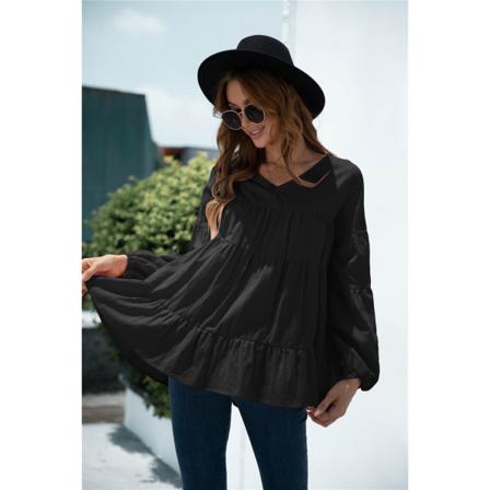 Dam Lantern Långärmad Lösa T-shirts Höst Casual Solid V-