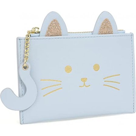Kawaii plånbok för flickor söt katt smal kortfodral arrangör vegansk läder kvinnor liten dragkedja myntväska, kattöra blå
