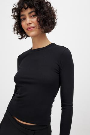 NA-KD Basic Haut côtelé encolure ronde à manches longues - Tops manches longues - Noir - XL (EU 46)