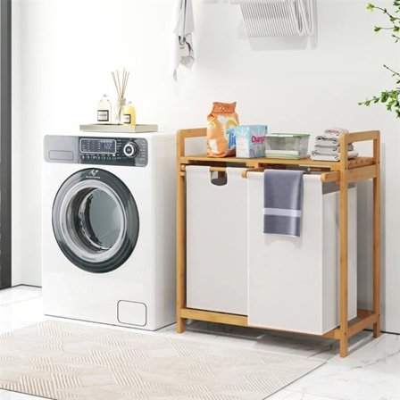 Tvättkorg i bambu med hylla och 2 avtagbara påsar – Vit/trä