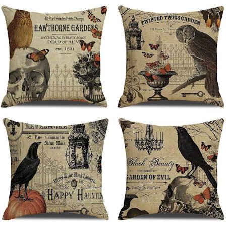 Pakke med 4 vintage Halloween putetrekk for ugle/kråke/gresskar/skalle putetrekk Halloween putetrekk 18 x 18 tommer