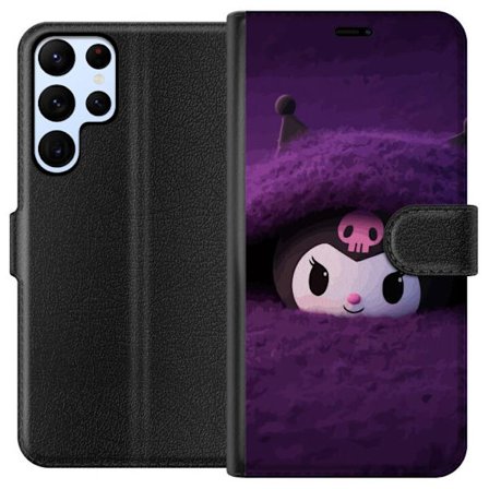 Kompatibelt Lommeboketui til Samsung Galaxy S22 Ultra 5G Kuromi i et lilla fluffete miljø med en mystisk kawaii-design.